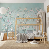 Butterflies and colourful birds among pink peonies in chinoiserie wall mural.