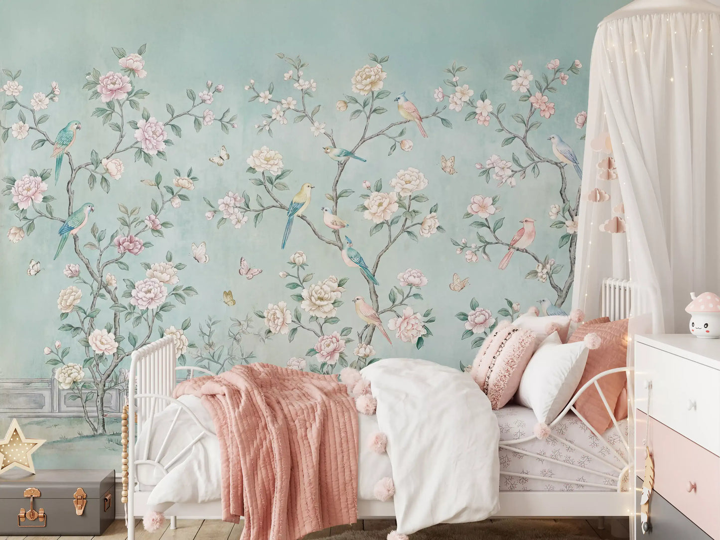 Pale pink and white peony blossoms on arching branches in chinoiserie mural.