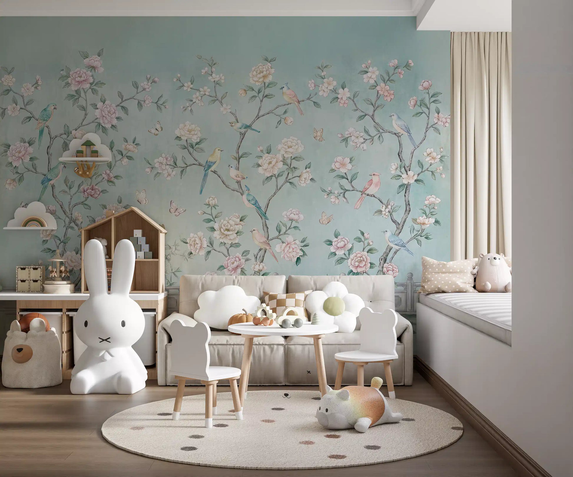Chinoiserie aviary wall mural with blooming peonies and colourful birds on teal background.