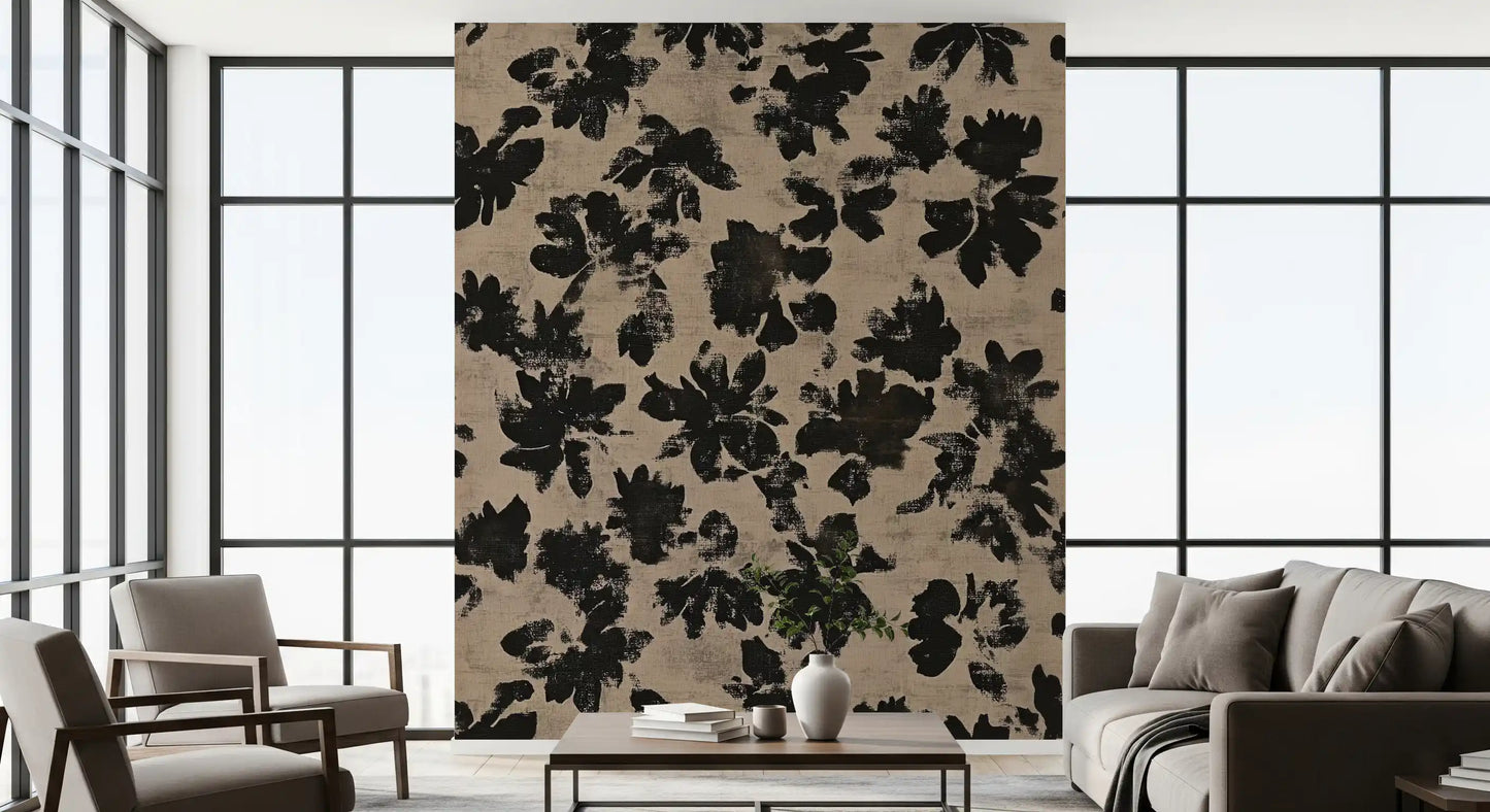 Scattered botanical black silhouettes on sandy linen-effect wall mural surface.