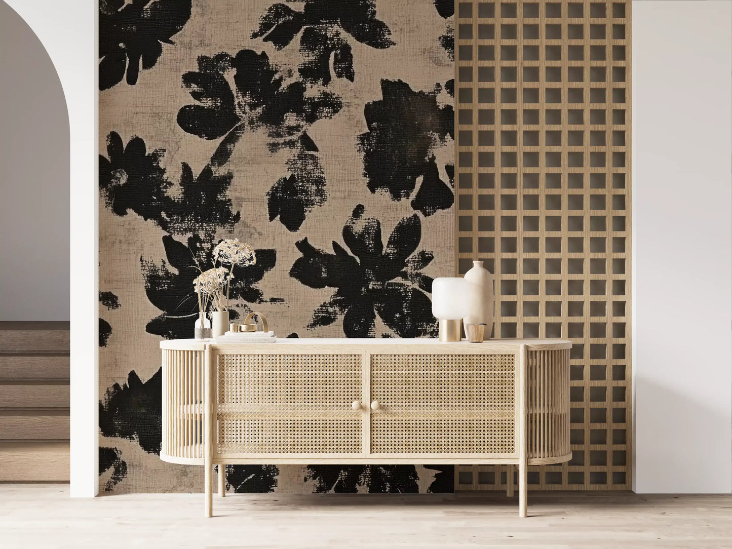 Hallway with dark floral silhouette wall mural on warm beige textured background.