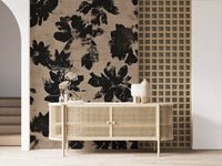Hallway with dark floral silhouette wall mural on warm beige textured background.