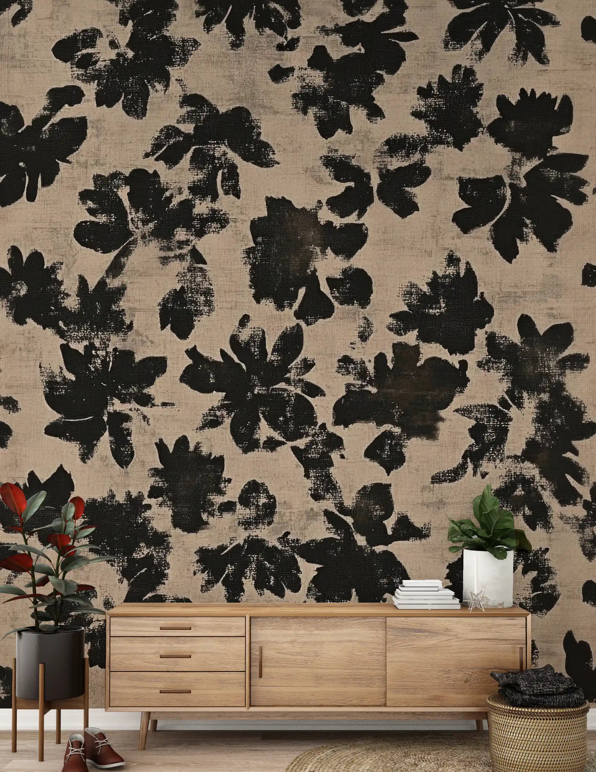 Hallway wall covered in distressed black floral silhouette mural with beige ground., GD9787