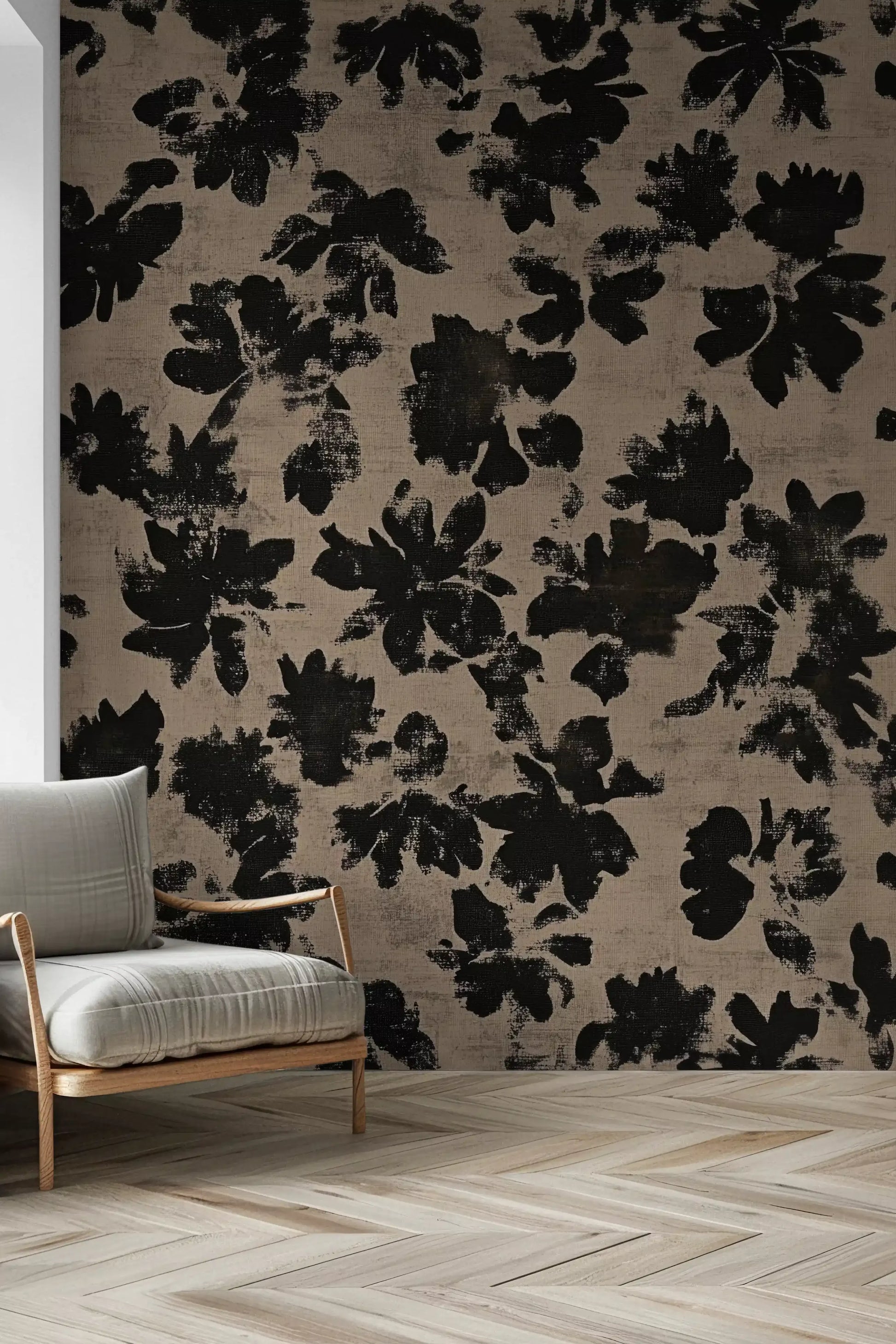 Dark botanical silhouettes on sandy distressed wall mural.
