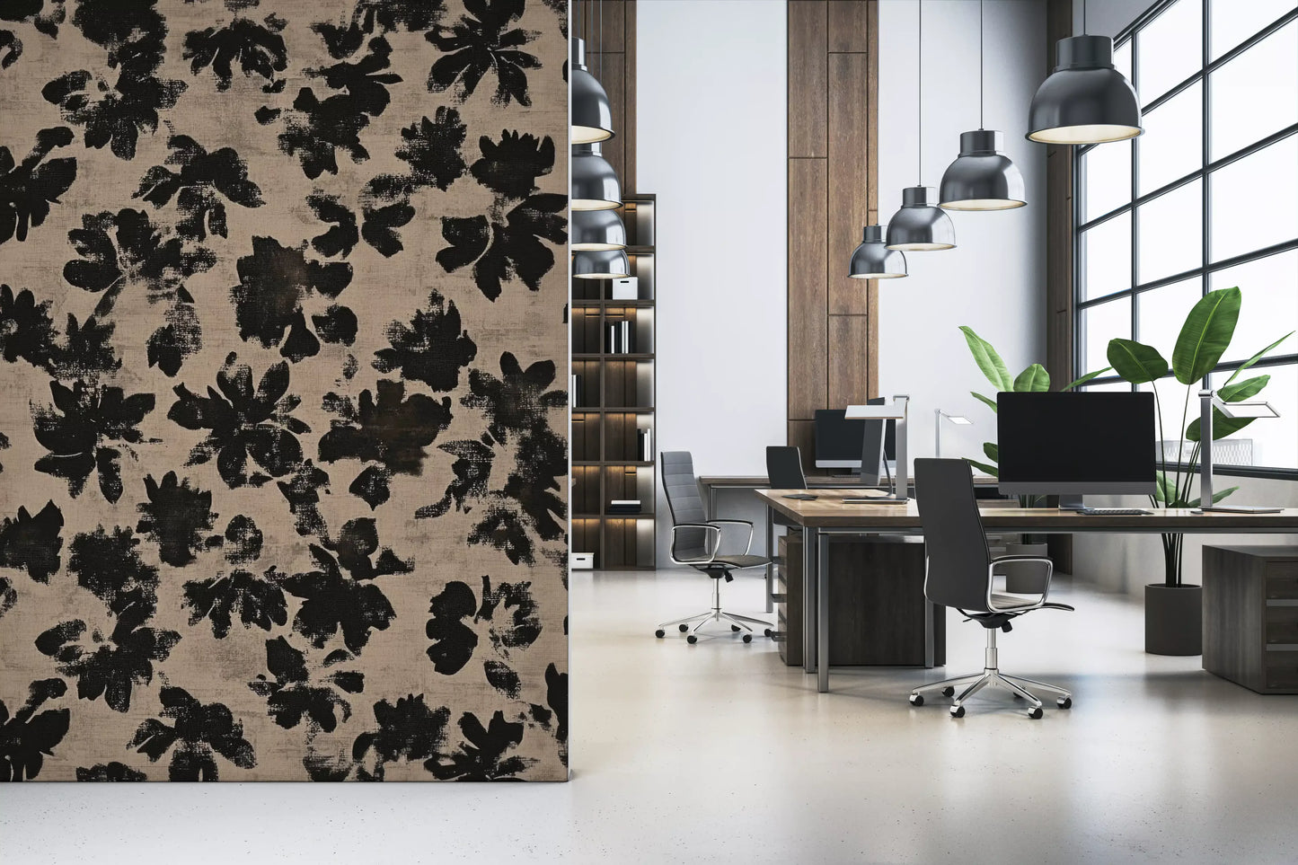 Dark floral silhouette all-over pattern on warm beige textured wall mural.