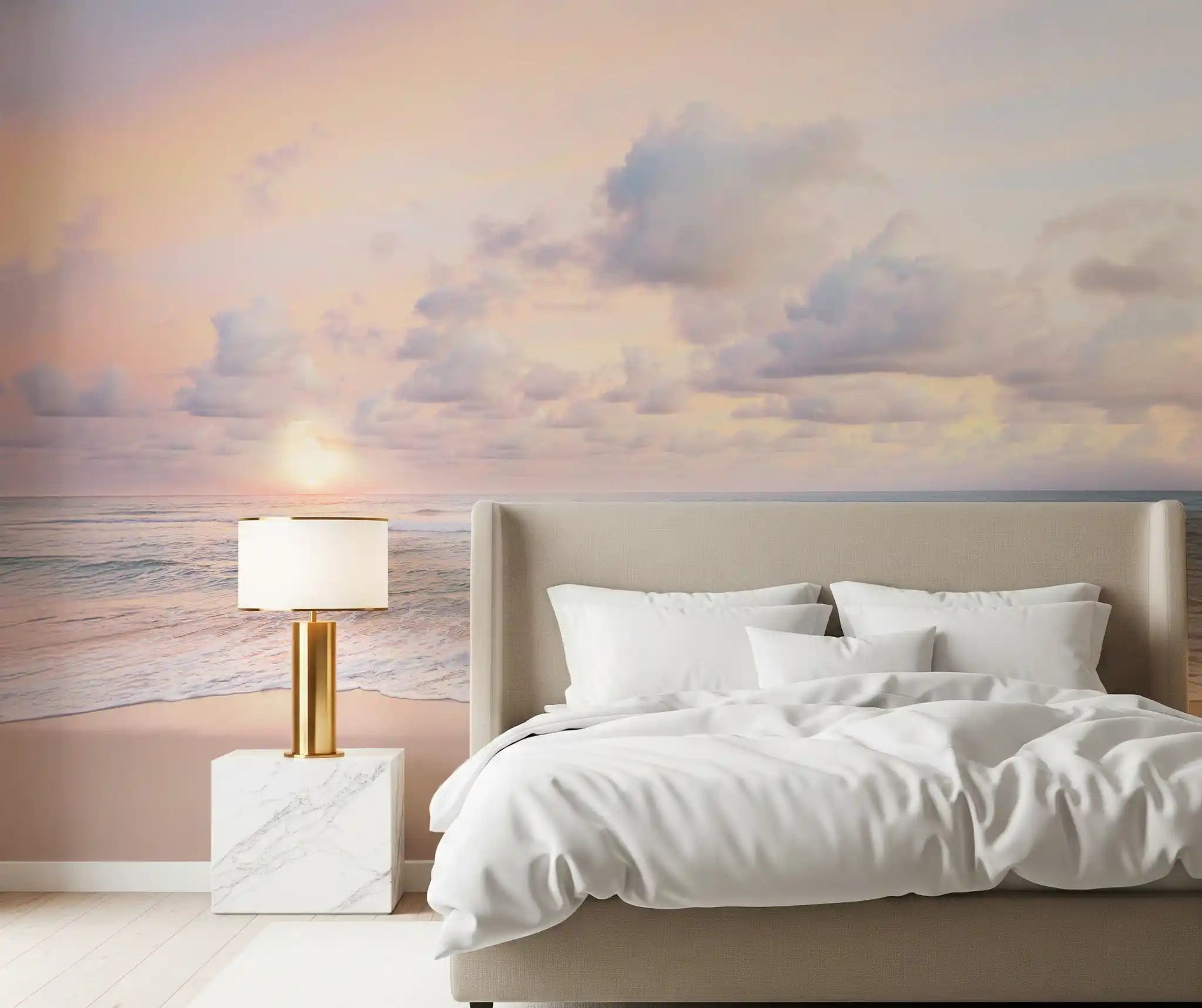 Bedroom wall featuring peach sky teal sea mural with coastal sunrise scene., GD9788