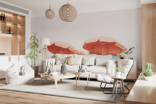 Sandy beach mural in coral umbrella design and pale sky tones for living room.