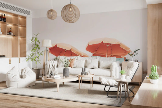 Sandy beach mural in coral umbrella design and pale sky tones for living room.