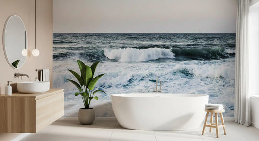 Bathroom with coastal ocean scapes wall mural and rolling wave pattern.