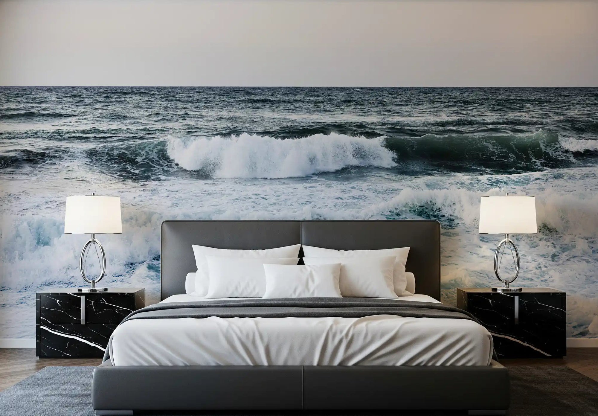 Bedroom accent interior with deep blue ocean wave wall mural., GD9790