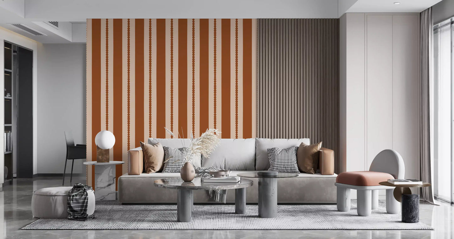 Warm earth toned vertical stripe wallpaper with dotted centre line., GD9791