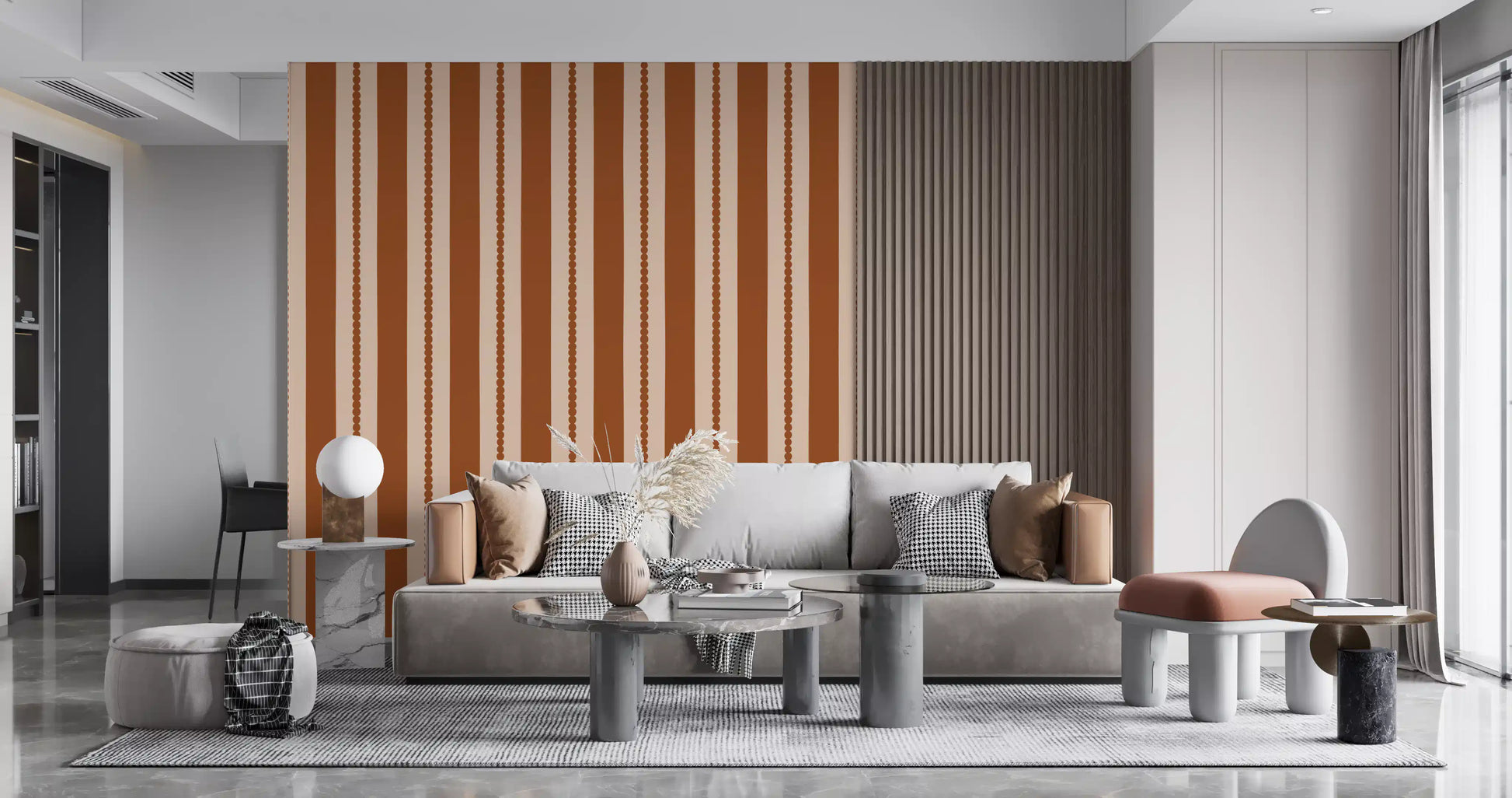 Warm earth toned vertical stripe wallpaper with dotted centre line., GD9791