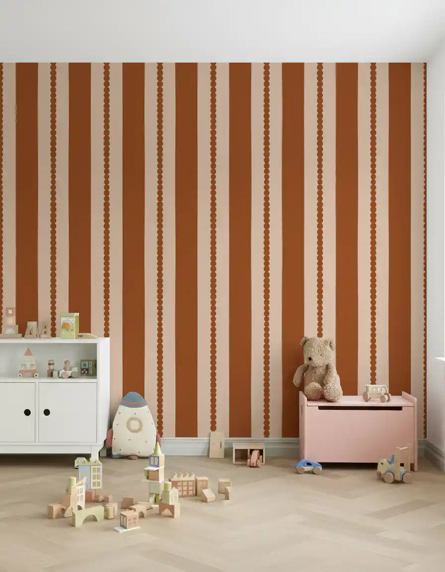 Warm earth stripe wallpaper in a playroom with terracotta tones., GD9791