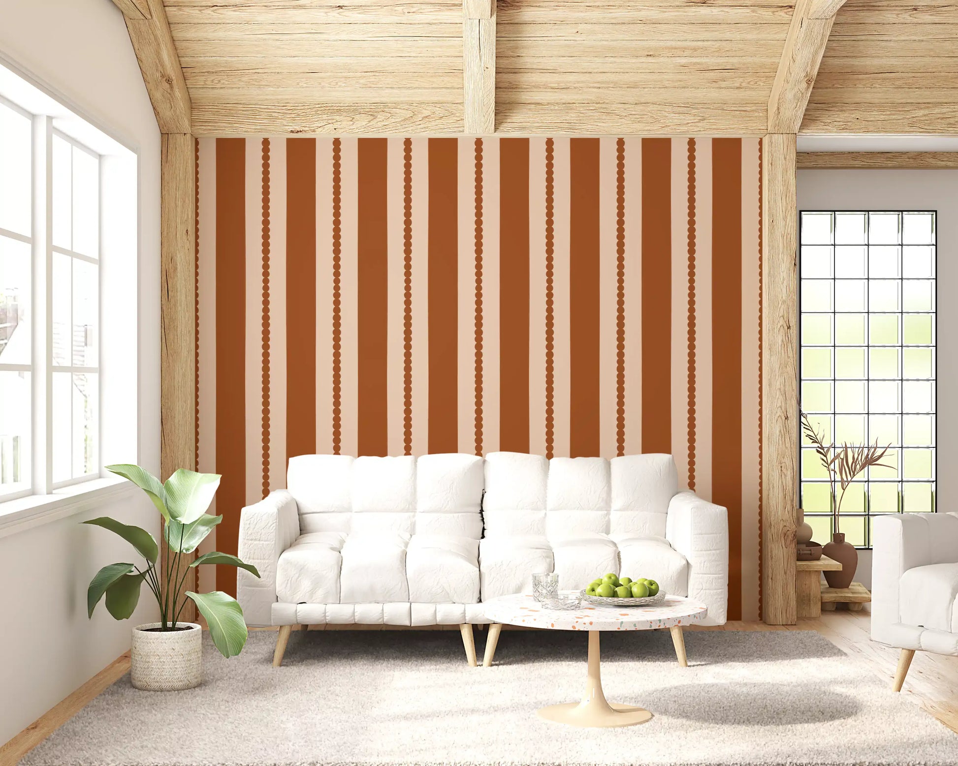Warm earth striped wallpaper on a hallway wall with scalloped edge detail, GD9791