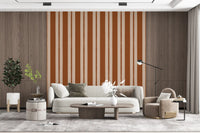 Terracotta and cream scallop stripe wallpaper on a living room accent wall., GD9791