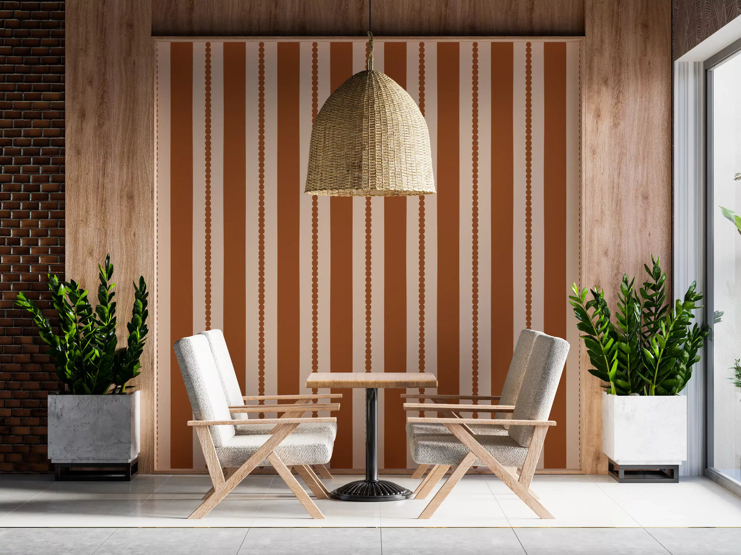 Vertical stripe mural wallpaper in a dining room in warm earth palette., GD9791