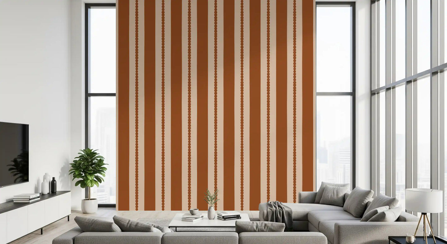 Peel and stick terracotta stripe and cream scallop wallpaper pattern., GD9791