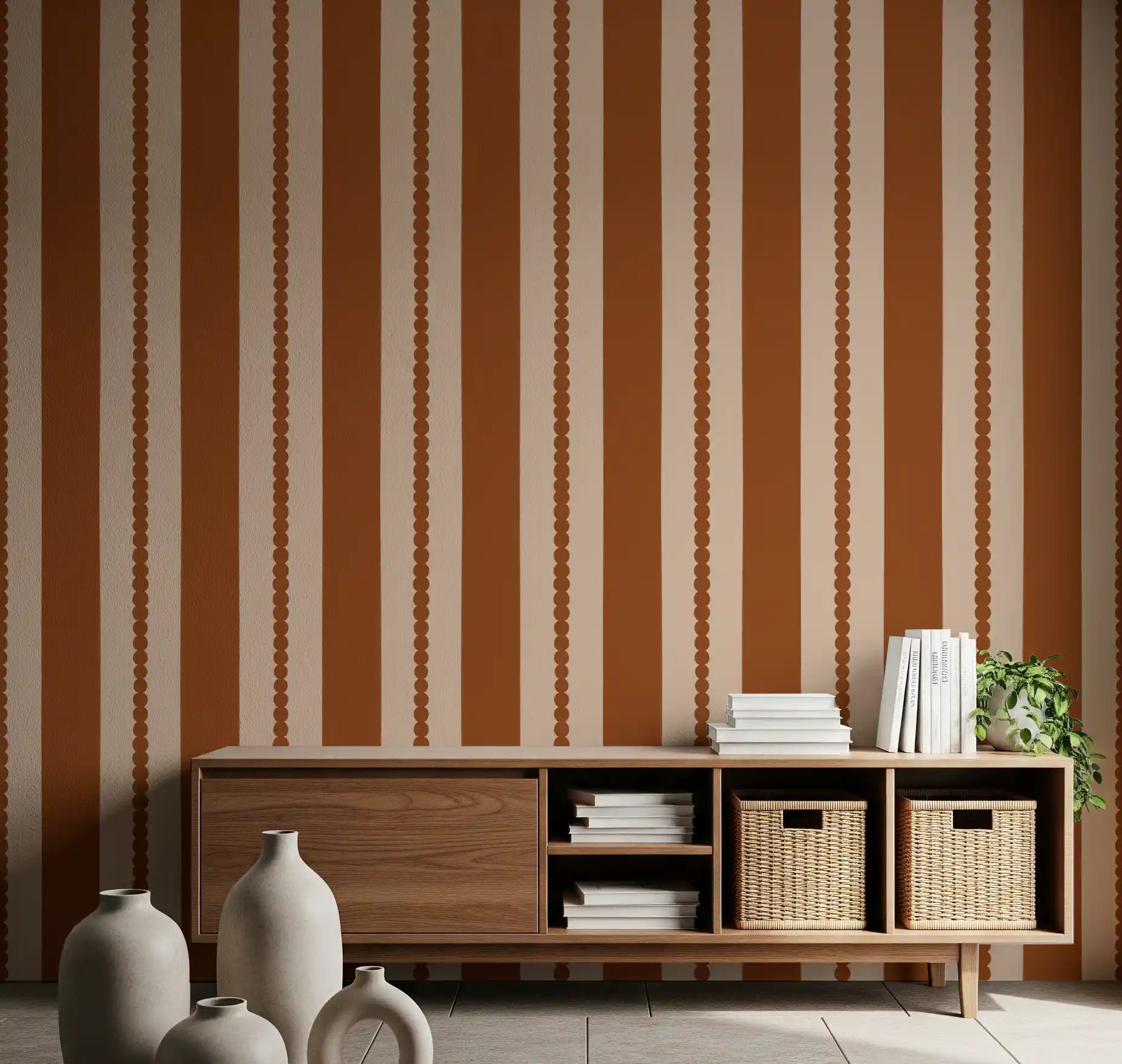 Retro stripe wallpaper in a hallway with rust and cream tones., GD9791