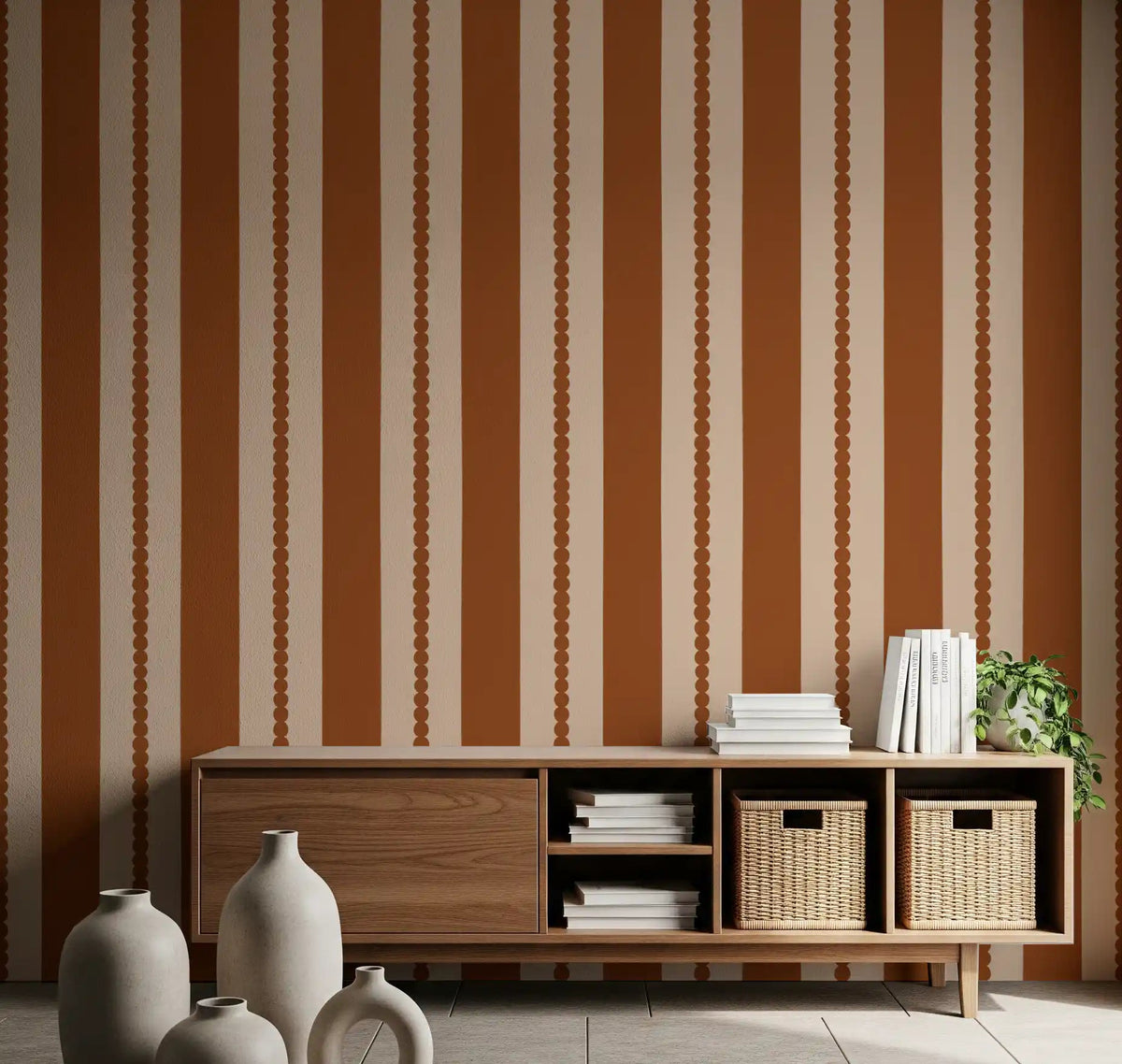 Retro stripe wallpaper in a hallway with rust and cream tones., GD9791