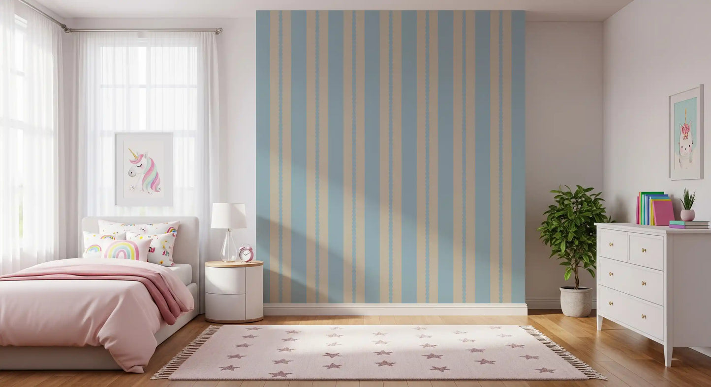 girl's bedroom wall with soft blue and beige scalloped stripe wallpaper., GD9792