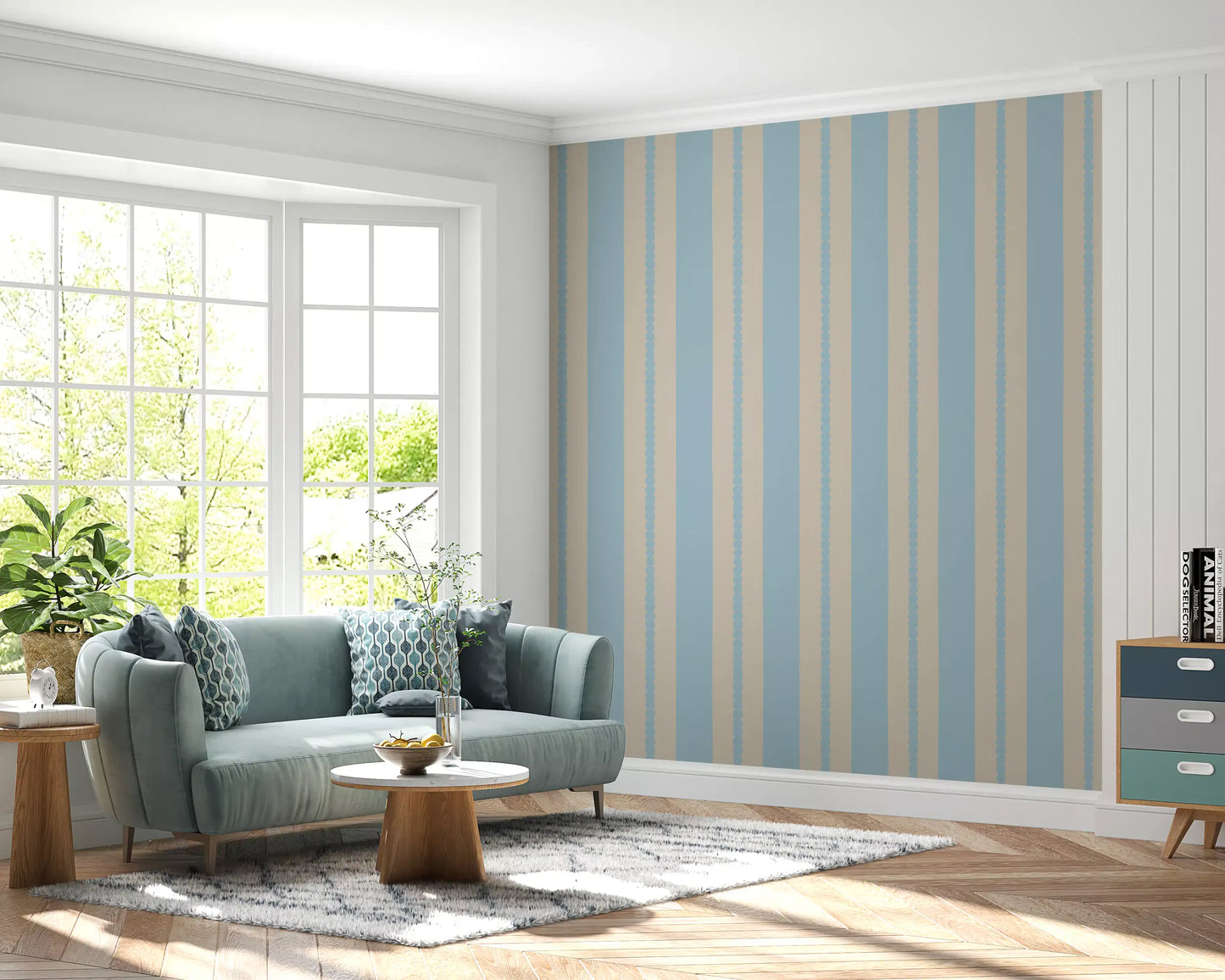 Alternating blue and beige stripe wallpaper with delicate scalloped edge pattern., GD9792