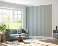 Alternating blue and beige stripe wallpaper with delicate scalloped edge pattern., GD9792