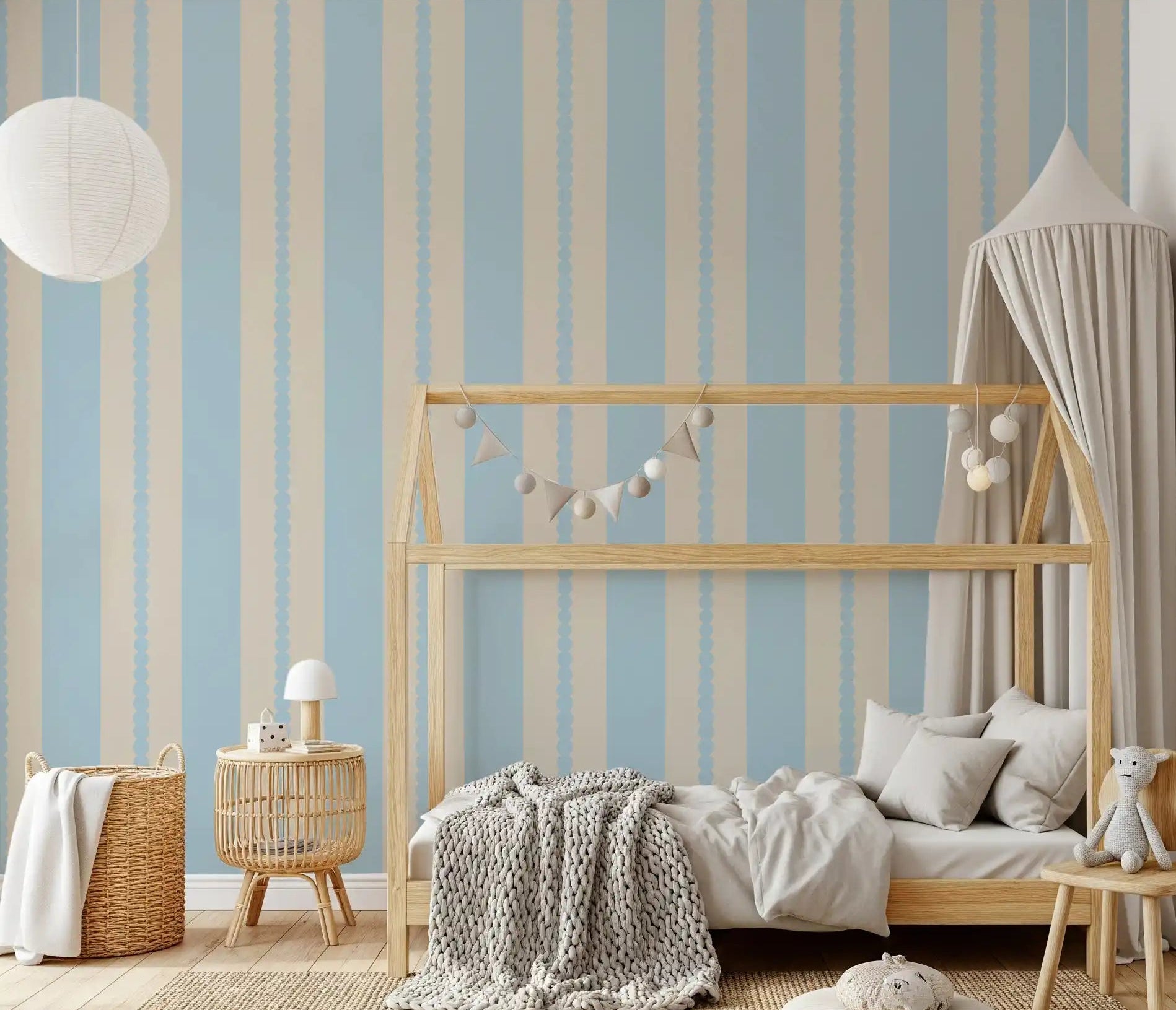 Kids bedroom wall with Scalloped Serenity Stripes wallpaper in blue and beige., GD9792
