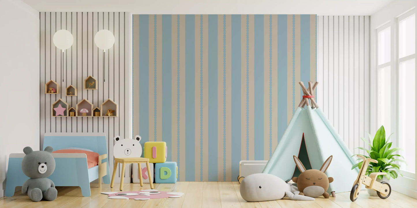 Scalloped Serenity Stripes wallpaper in soft powder blue and sand beige., GD9792