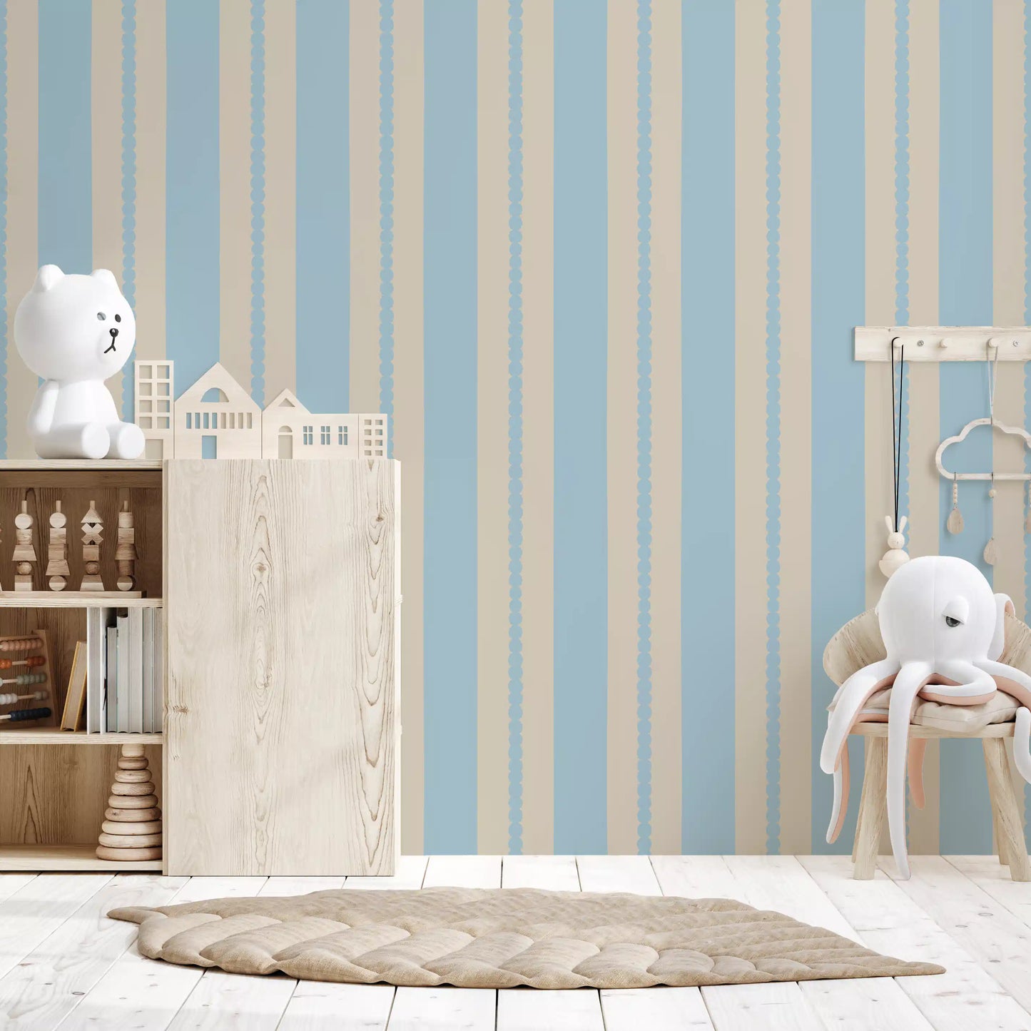 scalloped vertical stripe pattern wallpaper in powder blue and cream., GD9792