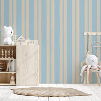 scalloped vertical stripe pattern wallpaper in powder blue and cream., GD9792