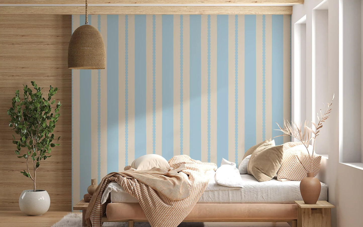 Bedroom accent wall with classic striped wallpaper in powder blue and beige., GD9792
