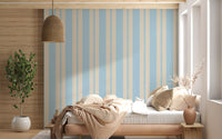 Bedroom accent wall with classic striped wallpaper in powder blue and beige., GD9792
