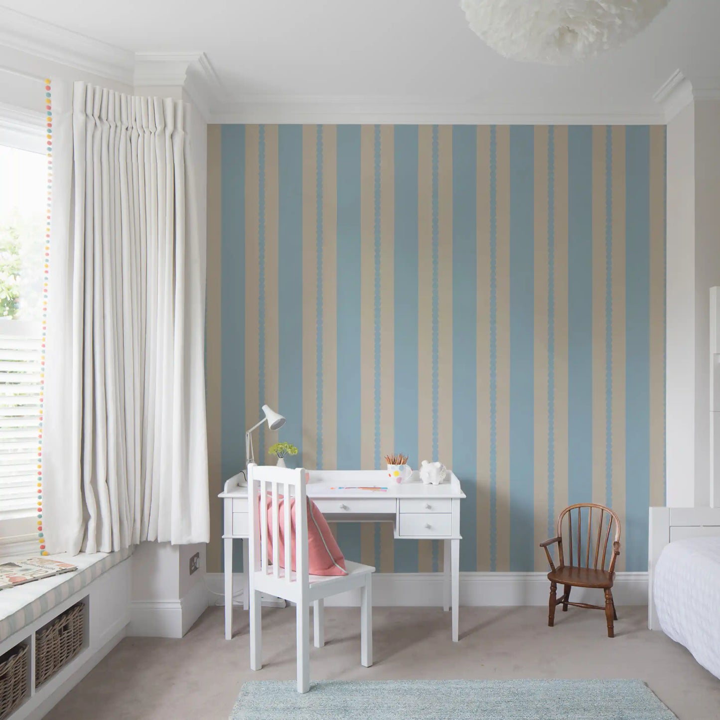 Study room feature wall with scalloped stripe wallpaper in soft blue tone., GD9792