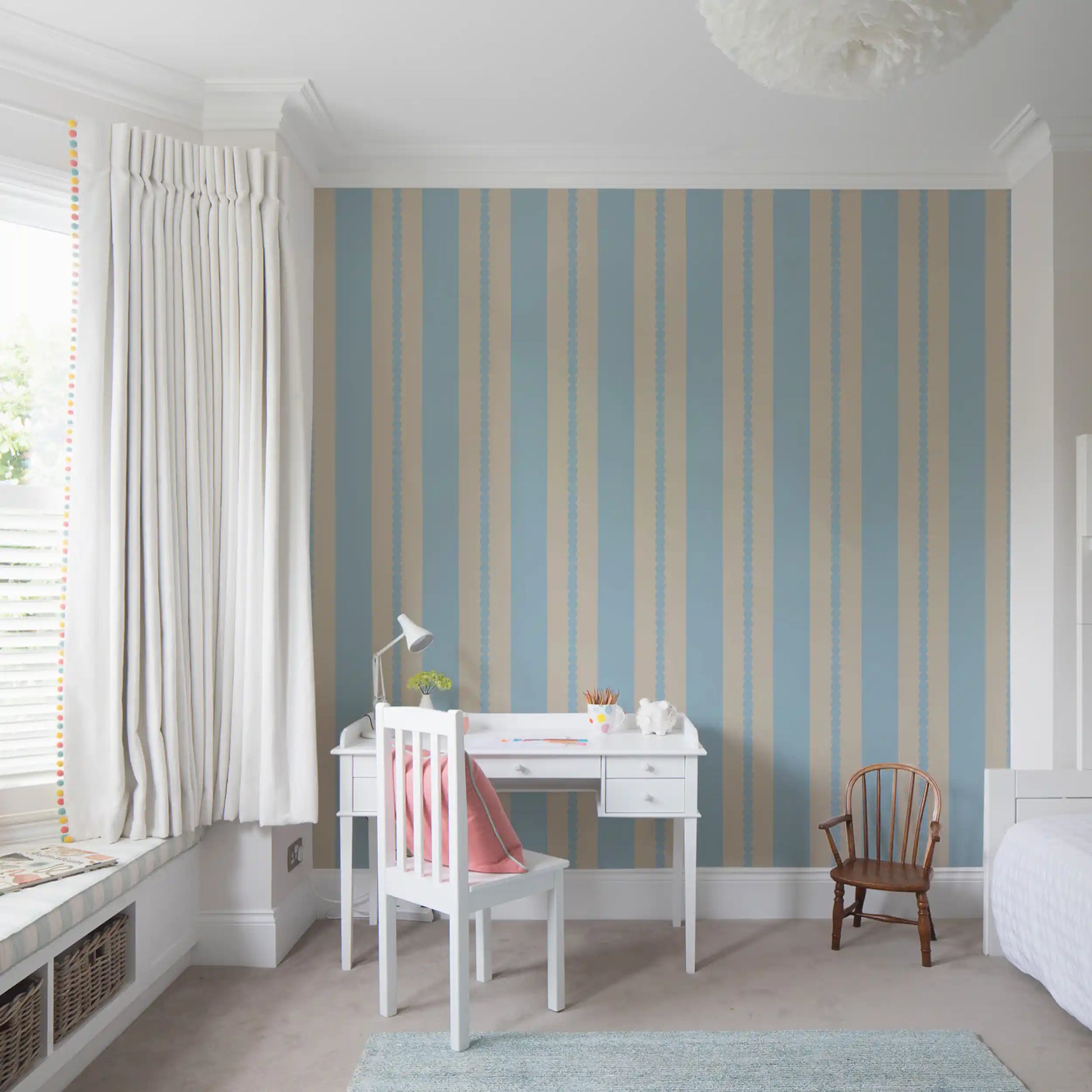 Study room feature wall with scalloped stripe wallpaper in soft blue tone., GD9792