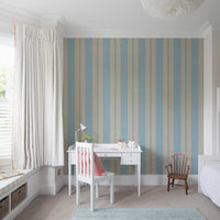 Study room feature wall with scalloped stripe wallpaper in soft blue tone., GD9792