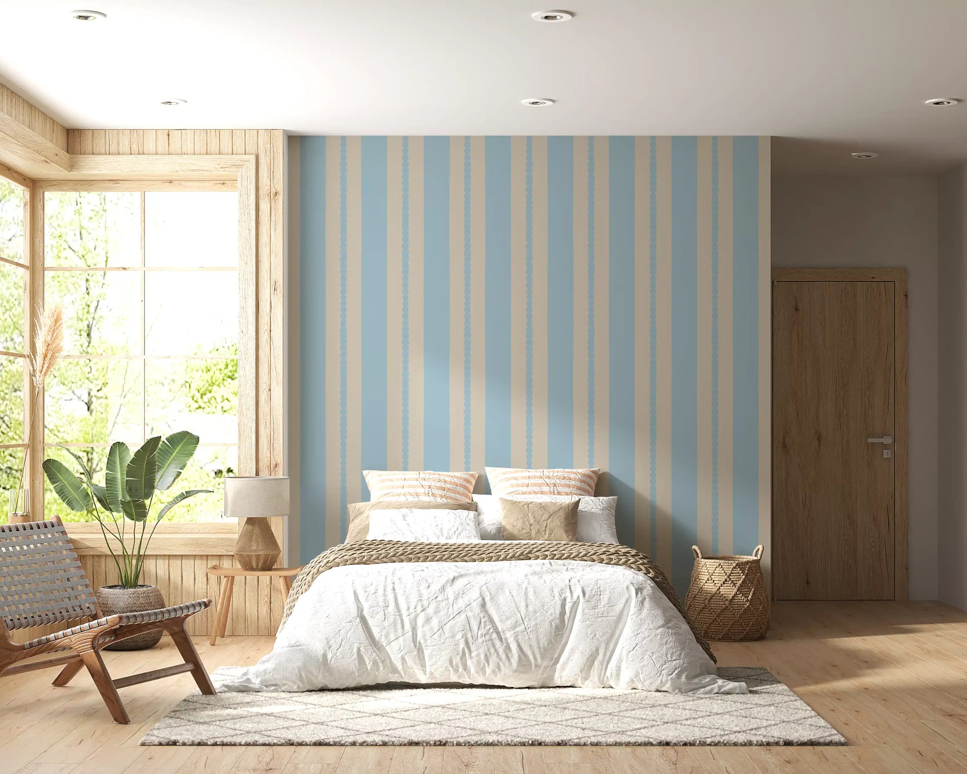 Powder blue scalloped stripe wallpaper with warm beige panels., GD9792
