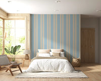 Powder blue scalloped stripe wallpaper with warm beige panels., GD9792