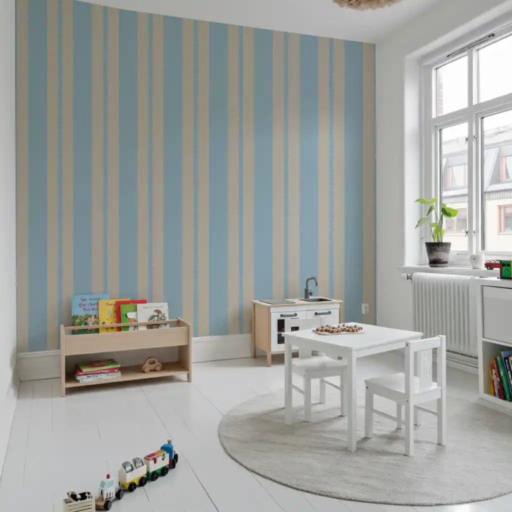 scalloped border detail between blue and beige vertical stripe wallpaper., GD9792