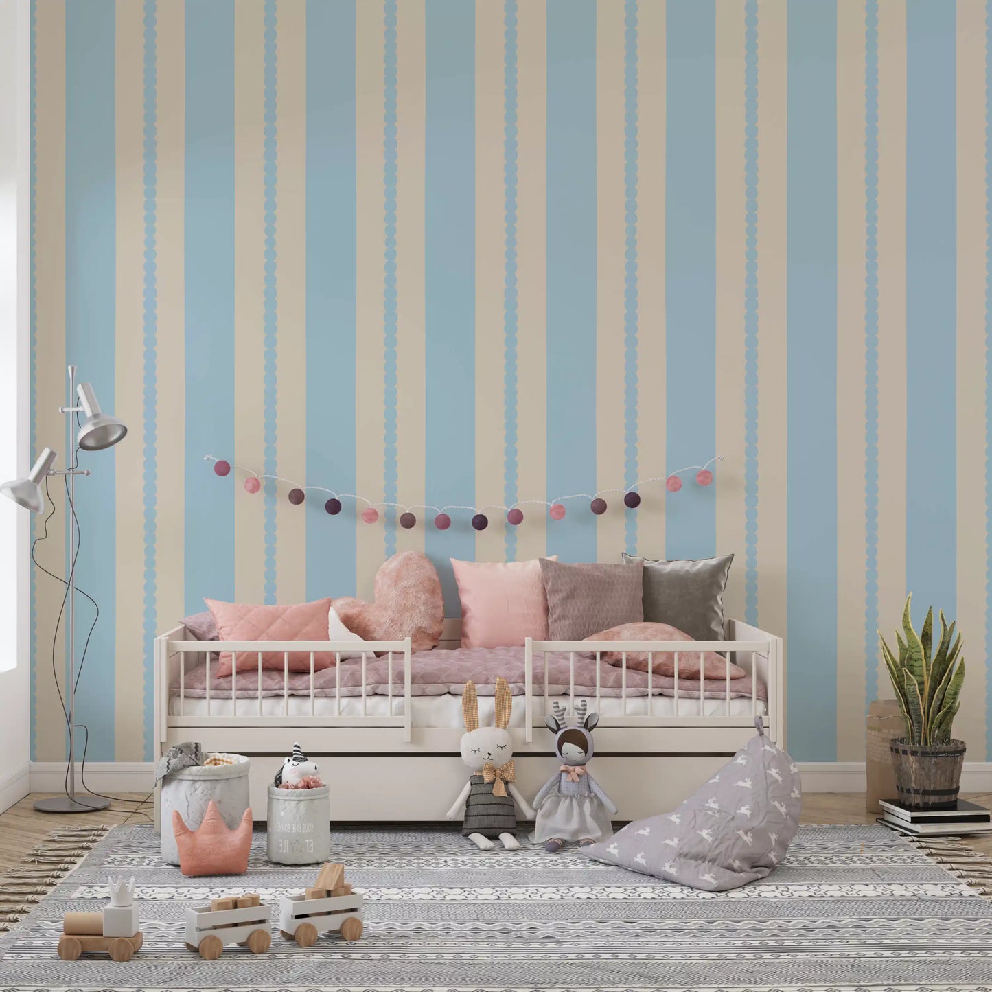 Nursery wall with scalloped stripe wallpaper in soft powder blue tones., GD9792