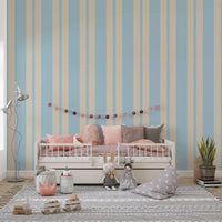 Nursery wall with scalloped stripe wallpaper in soft powder blue tones., GD9792