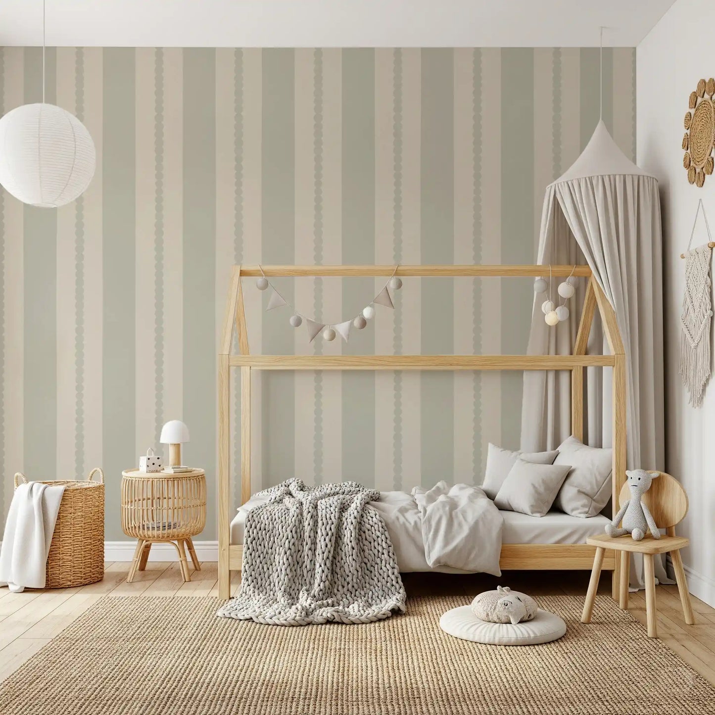 Vertical stripe pattern wallpaper with decorative dot edging in beige and sage., GD9793