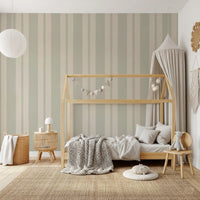 Vertical stripe pattern wallpaper with decorative dot edging in beige and sage., GD9793