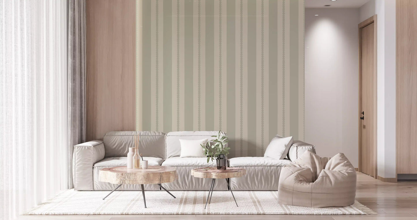Hallway wall with classic vertical stripe wallpaper in muted sage green tone., GD9793