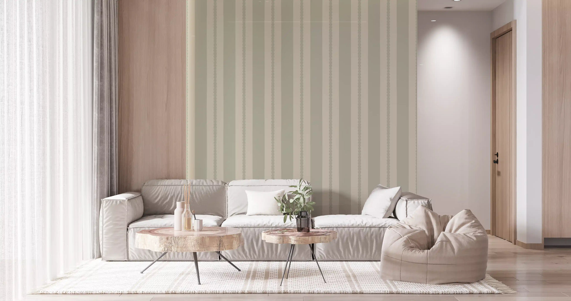Hallway wall with classic vertical stripe wallpaper in muted sage green tone., GD9793
