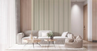 Hallway wall with classic vertical stripe wallpaper in muted sage green tone., GD9793