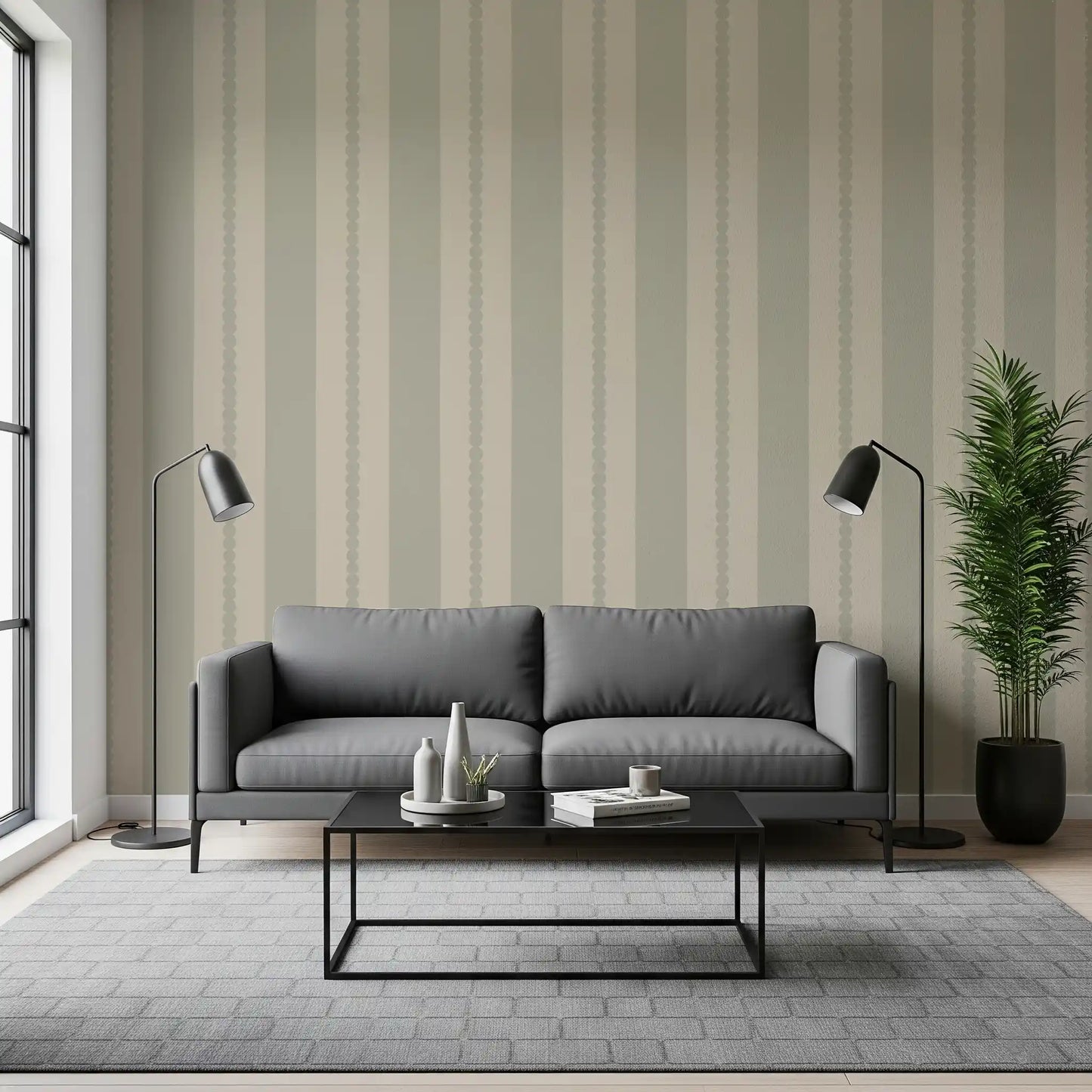 Muted scallop dot stripes wallpaper in sage green and cream., GD9793
