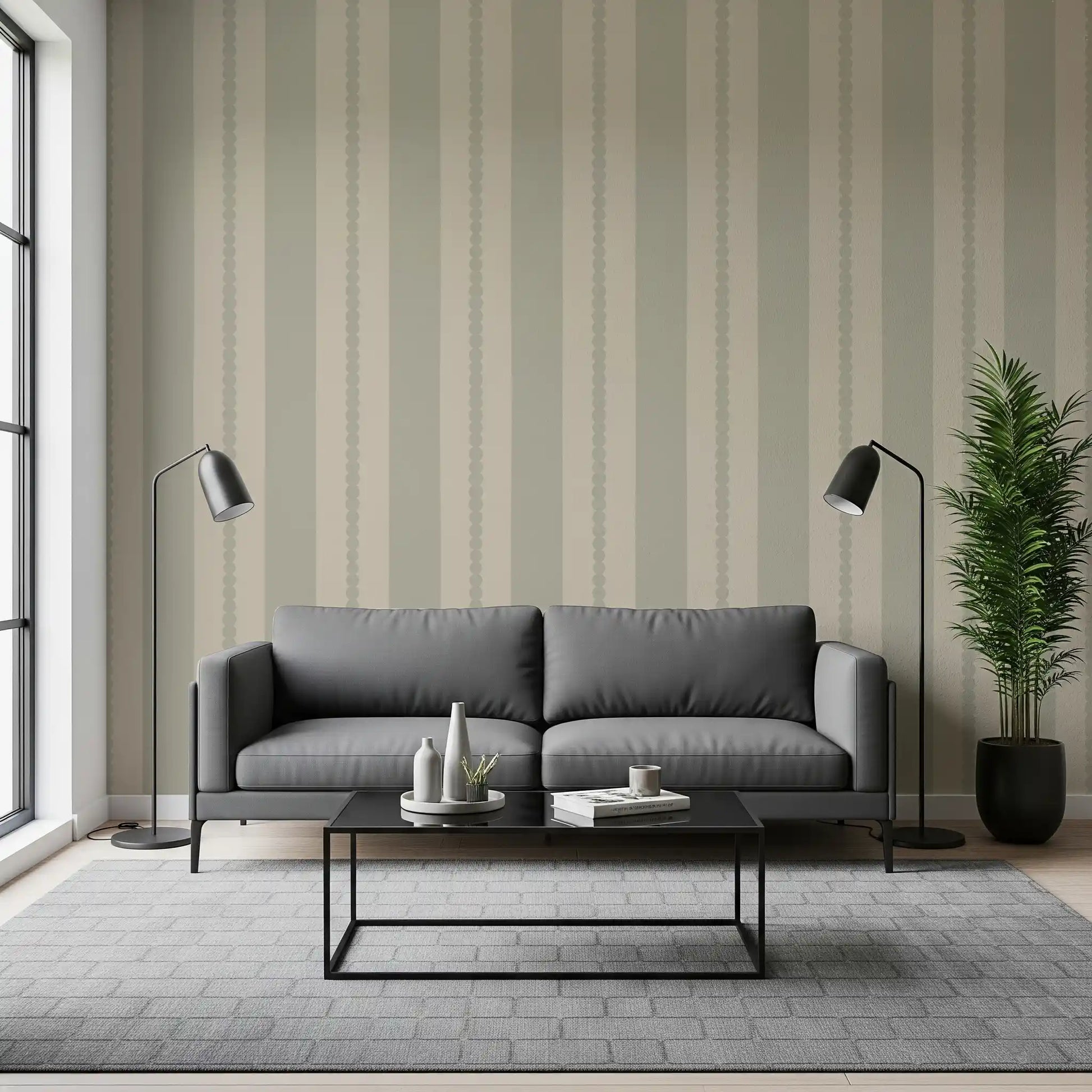 Muted scallop dot stripes wallpaper in sage green and cream., GD9793