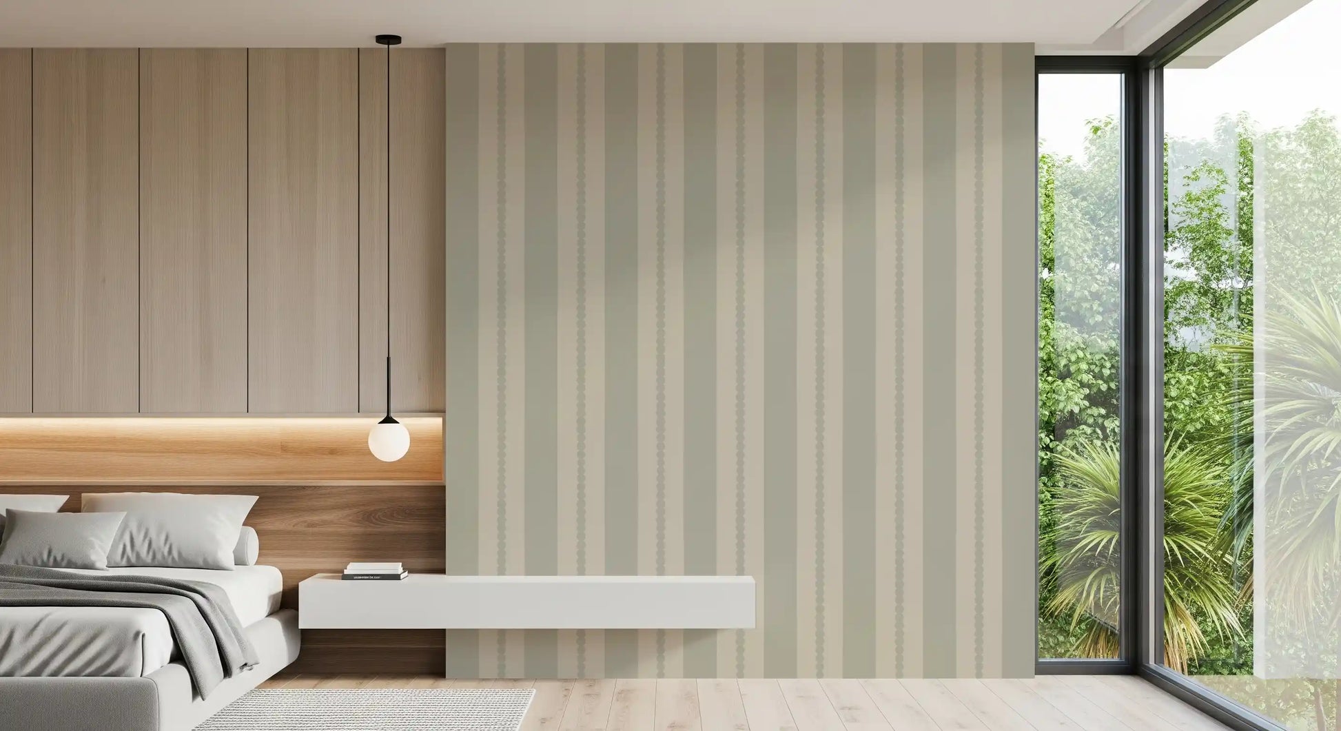 Bedroom wall with soft vertical stripe wallpaper and scallop dot trim., GD9793