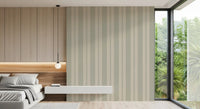 Bedroom wall with soft vertical stripe wallpaper and scallop dot trim., GD9793