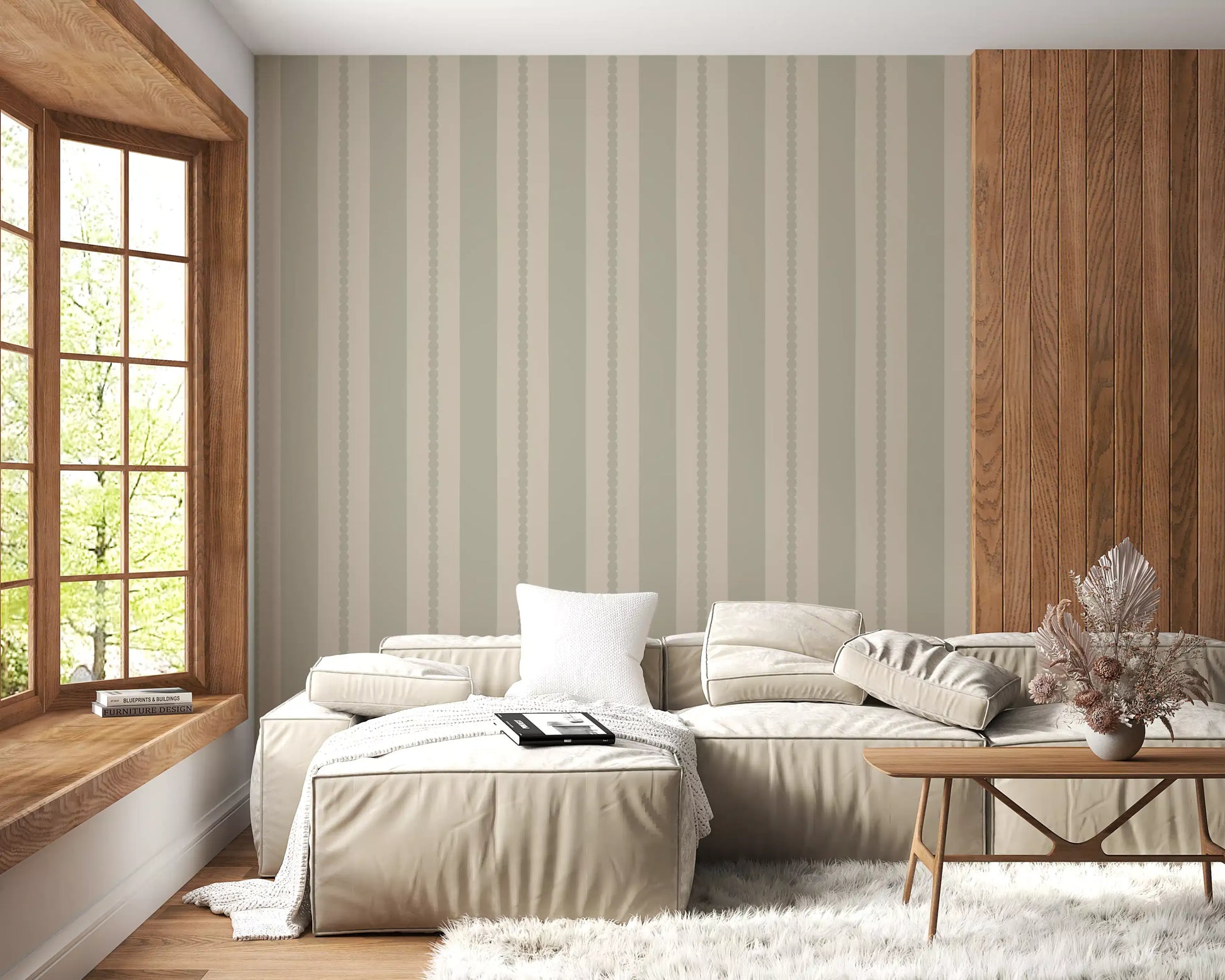 Soft sage cream striped wallpaper with scallop border detailing., GD9793